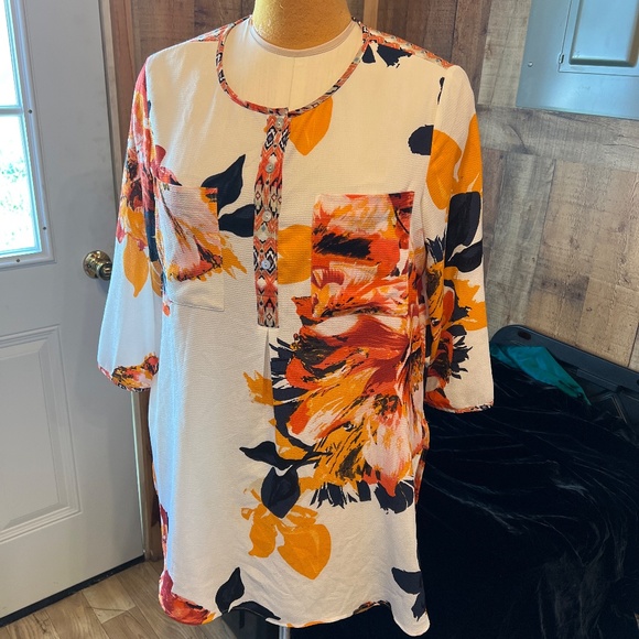 WOMEN'S LADIES SIZE LARGE LONG SHIRT BLOUSE TUNIC TOP CREAM ORANGE BLACK PRINT - Picture 2 of 6